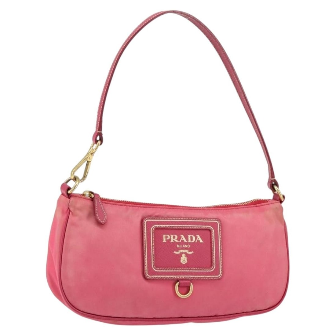 Prada Pink Nylon Shoulder Bag with Leather Trim Italy: Prada Pink Nylon Shoulder Bag with Leather Trim Italy Prada shoulder bag in pink nylon with gold-tone accents and leather trim. Made in Italy, this women's bag includes only the item shown, with no bo