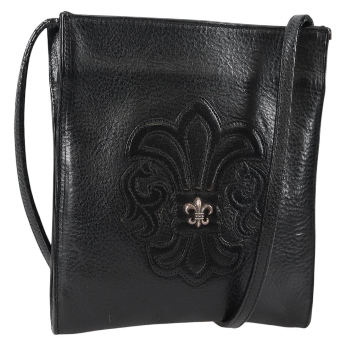 Chrome Hearts Gunslinger Shoulder Bag Black Leather Cross Ball Button: Chrome Hearts Gunslinger Shoulder Bag Black Leather Cross Ball Button Chrome Hearts shoulder bag in black leather, made in Japan, designed for women. The bag measures approximately 16 cm W x 18 cm H x