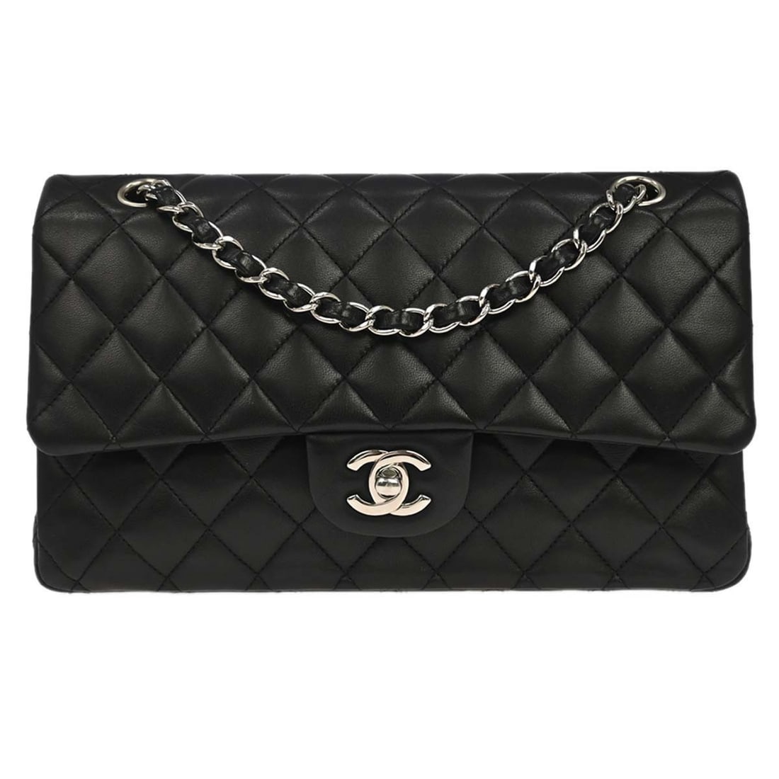 CHANEL Classic Double Flap Medium Shoulder Bag Black Lambskin: CHANEL Classic Double Flap Medium Shoulder Bag Black Lambskin Chanel Medium Classic Double Flap Shoulder Bag in black lambskin leather with a turn lock closure. This shoulder bag features a shoulder s