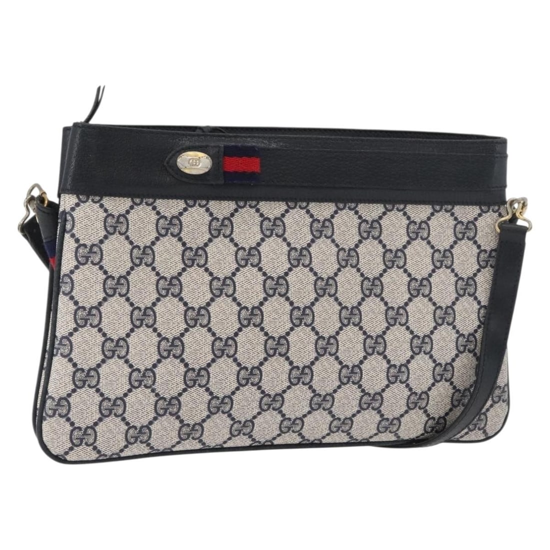 Gucci 904 02 035 GG Supreme Sherry Shoulder Bag Navy Gold PVC: Gucci 904 02 035 GG Supreme Sherry Shoulder Bag Navy Gold PVC Gucci GG Supreme Sherry Line shoulder bag in navy and gold, made in Italy from PVC leather with GG canvas. This women's shoulder bag measu