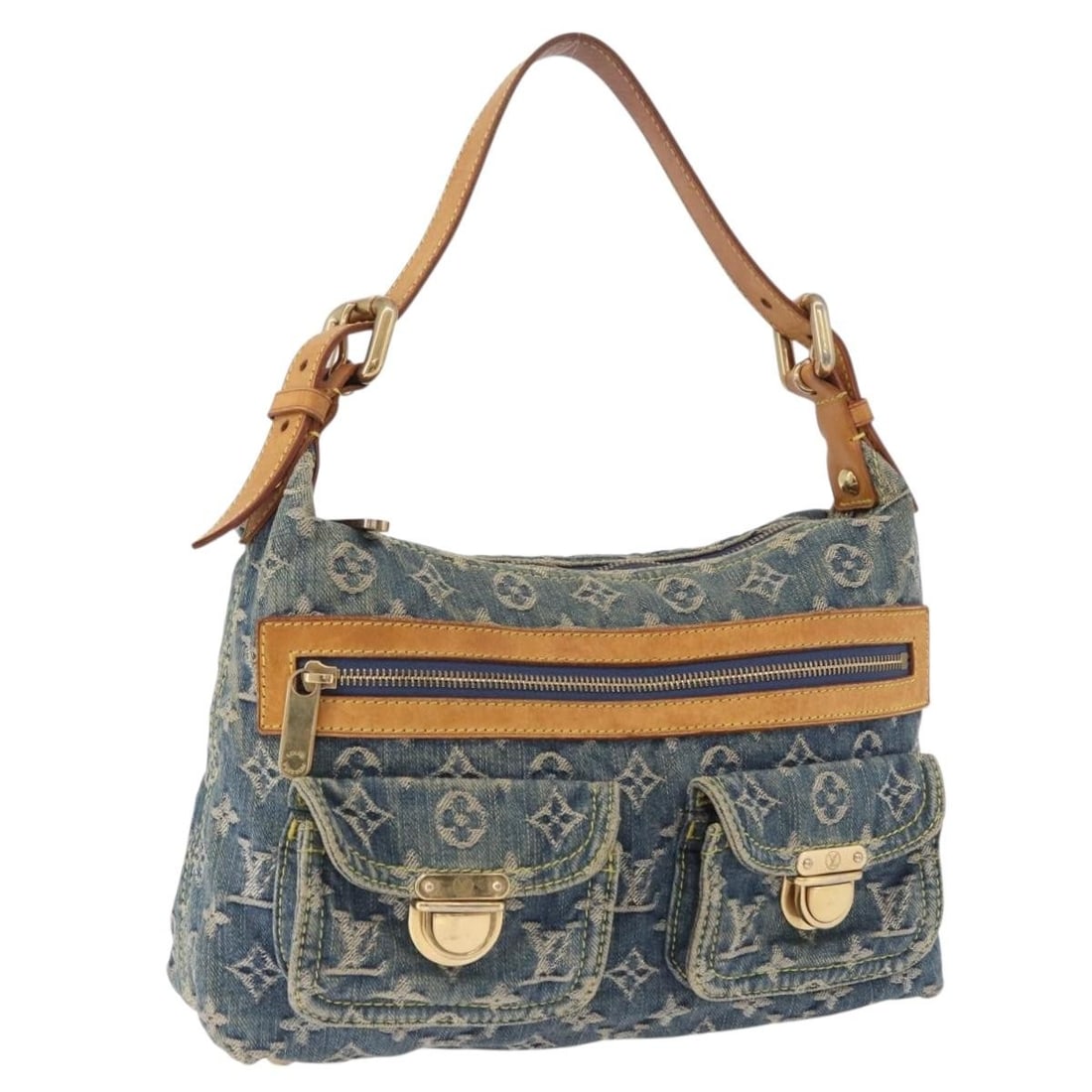 Louis Vuitton M95049 Buggy PM Blue Monogram Denim Shoulder Bag: Louis Vuitton M95049 Buggy PM Blue Monogram Denim Shoulder Bag Louis Vuitton Buggy PM shoulder bag in blue Monogram denim canvas. This women's bag was made in France and shows heavy use, including los