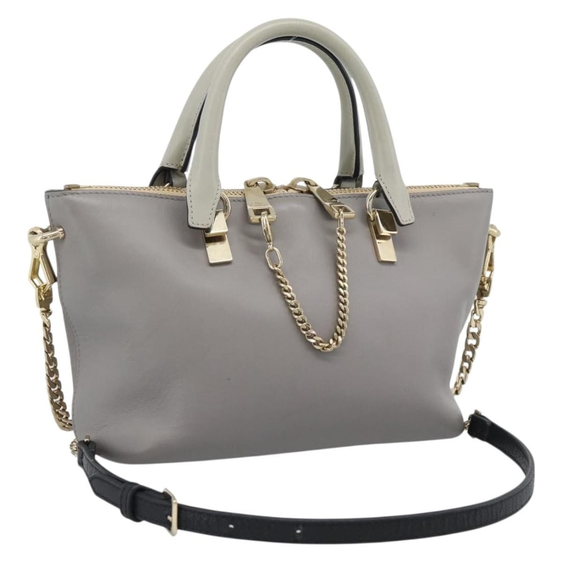 Chloe Gray Leather 2way Handbag with Shoulder Strap Italy: Chloe Gray Leather 2way Handbag with Shoulder Strap Italy Gray leather 2-way handbag with gold-tone accents and a detachable shoulder strap. Made in Italy for women, this bag can be carried by the han