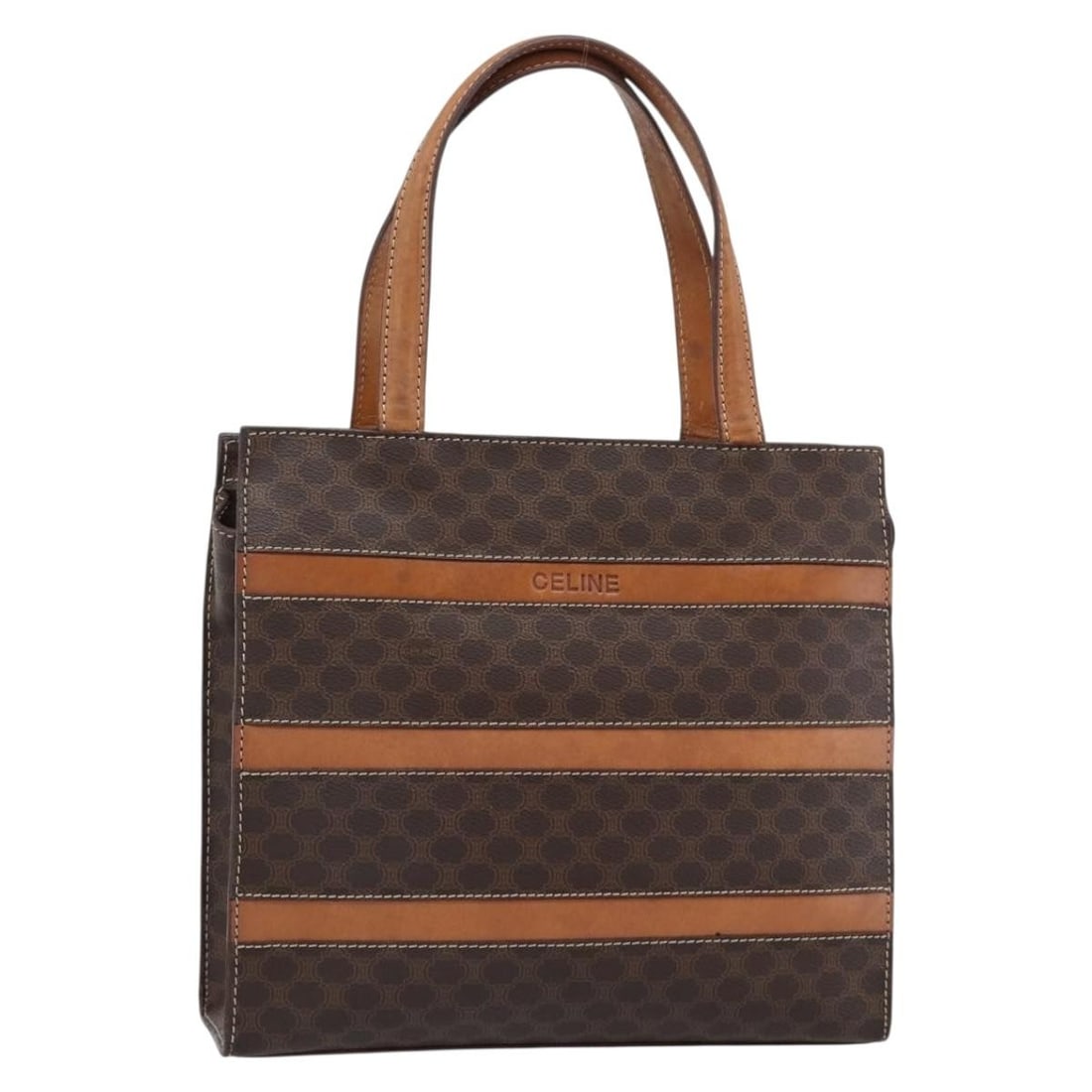 CELINE Macadam Canvas Hand Bag Brown PVC Leather Italy: CELINE Macadam Canvas Hand Bag Brown PVC Leather Italy Celine Macadam canvas hand bag in brown with gold-tone accents, made in Italy. This women's bag is crafted from PVC leather and includes only the