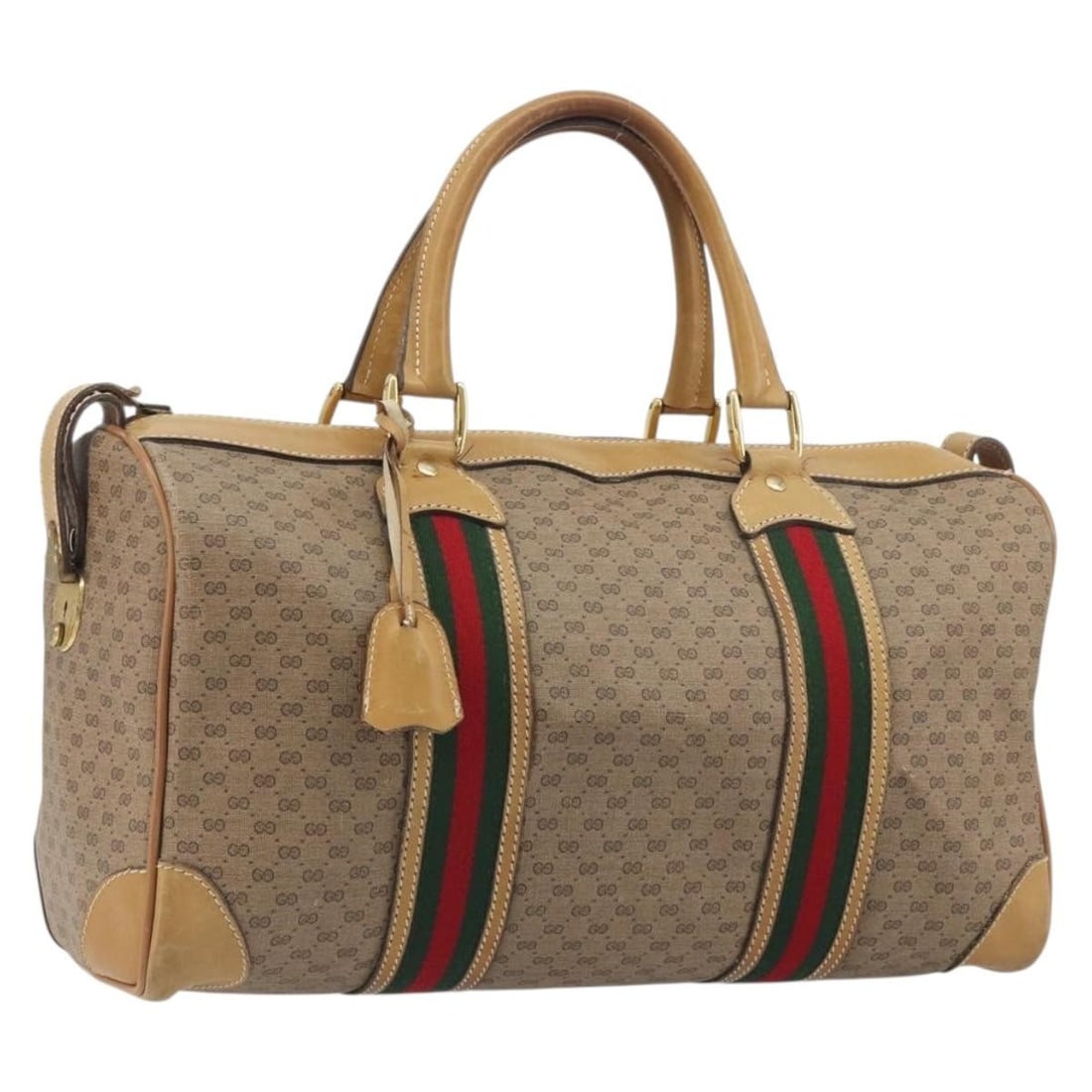 Gucci Boston Bag Micro GG Web Sherry Beige PVC Leather: Gucci Boston Bag Micro GG Web Sherry Beige PVC Leather Gucci Micro GG Web Sherry Line Boston bag in beige PVC leather with gold-tone accents. This women's bag is made in Italy and includes two keys an