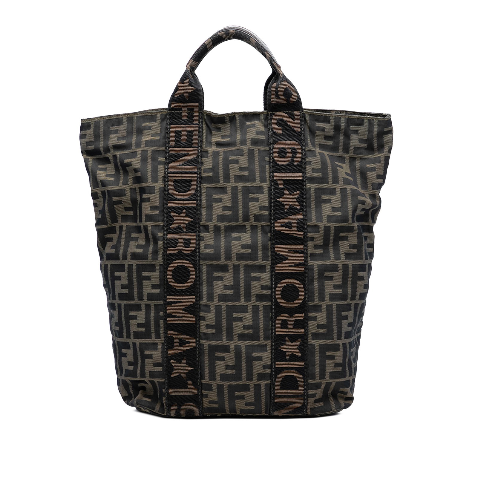 Fendi Zucca Canvas Brown Zip Top Tote: Fendi Zucca Canvas Brown Zip Top Tote This Fendi Zucca Canvas Roma 1925 Shopping Tote features a brown canvas body with flat top handles and a top zip closure. The bag is crafted in Italy from fabric 