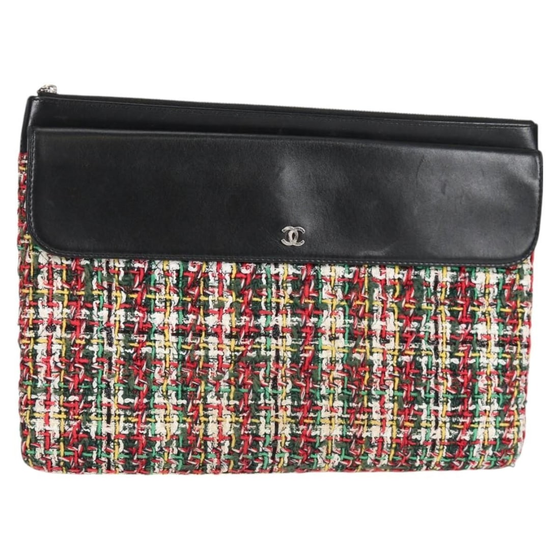 CHANEL Black Silver Wool Clutch Bag with Dust Bag Card Box: CHANEL Black Silver Wool Clutch Bag with Dust Bag Card Box A CHANEL clutch bag in black and silver tweed/wool, made in Italy. It comes with a dust bag, item box, and guarantee card. The bag is in exce