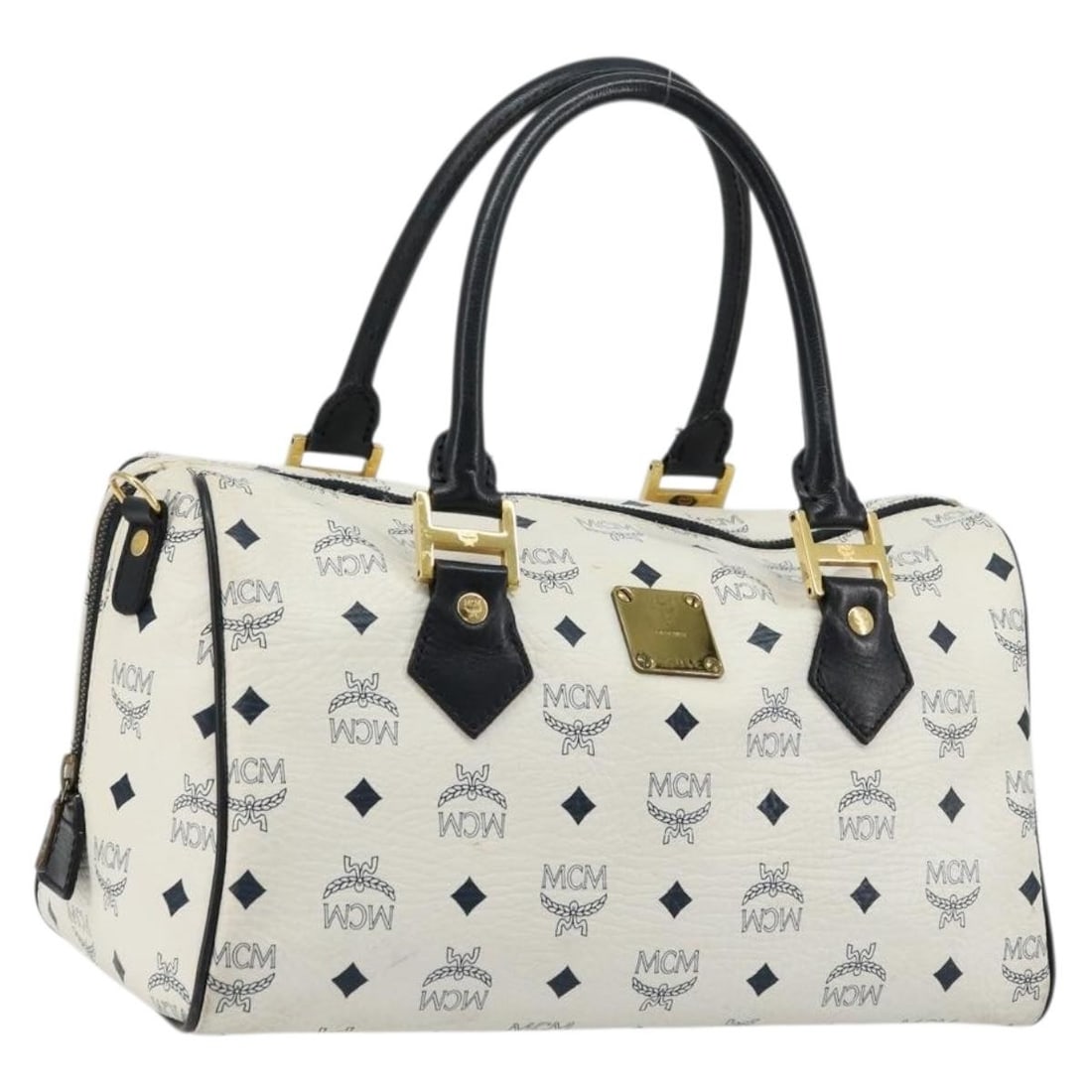 MCM Vicetos logo white gold PVC leather handbag Auth: MCM Vicetos logo white gold PVC leather handbag Auth This MCM Vicetos Logogram handbag is crafted from durable PVC leather in a sophisticated white and gold color combination. Designed for women, the 
