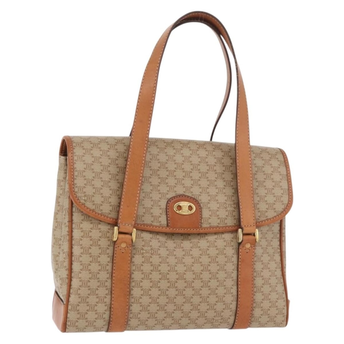 CELINE Macadam Hand Bag Beige Gold PVC Leather Canvas: CELINE Macadam Hand Bag Beige Gold PVC Leather Canvas Celine Macadam canvas hand bag in beige and gold with PVC leather trim. Made in Italy, this women's handbag is offered without the original box or
