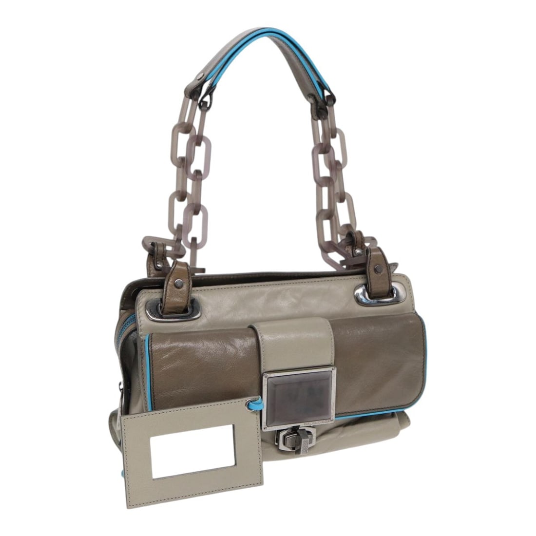 BALENCIAGA Turn Lock Leather Shoulder Bag Beige Gray Silver: BALENCIAGA Turn Lock Leather Shoulder Bag Beige Gray Silver Balenciaga shoulder bag crafted from leather in beige, gray, and silver. Made in Italy, this women's bag features a turn lock closure and co