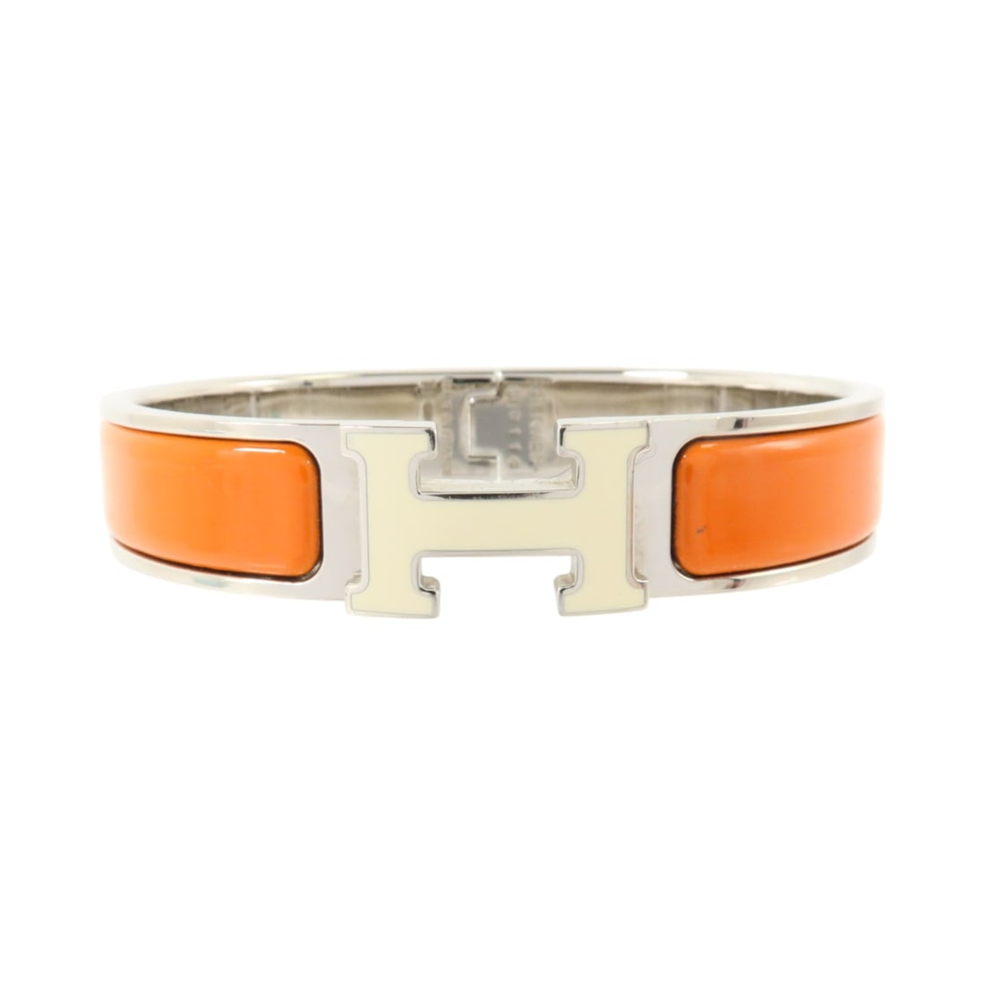 Hermes Clic H Enamel Bangle Bracelet Orange Silver Tone (1 of 10)