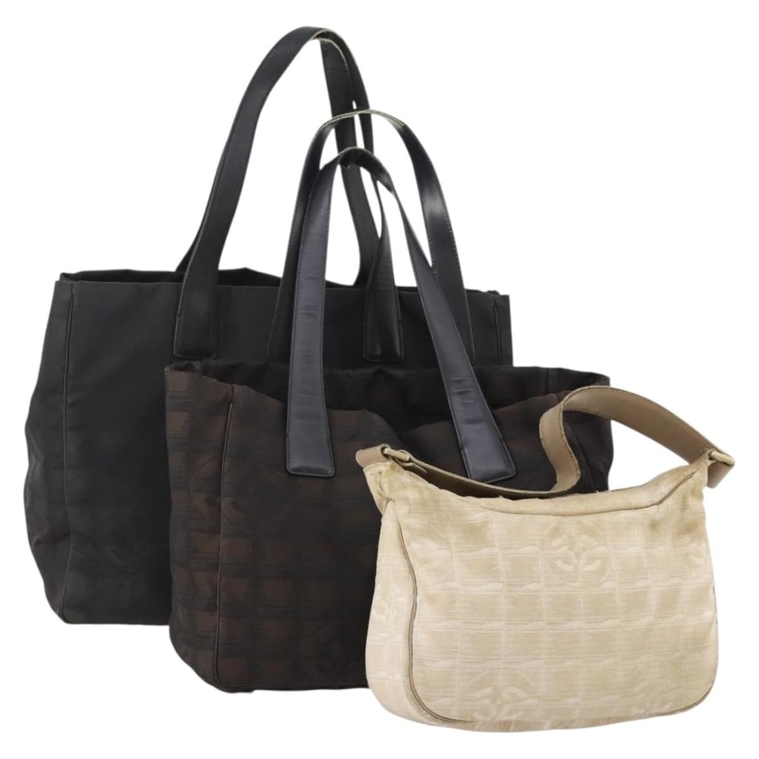 CHANEL New Travel Line Nylon Tote Bag 3 Piece Set Black Beige: CHANEL New Travel Line Nylon Tote Bag 3 Piece Set Black Beige CHANEL Travel Line tote bag set in black and beige nylon, made in Italy. This women's tote bag set is offered as a special set sale and in