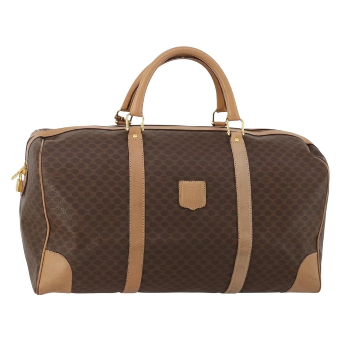 CELINE Macadam Boston Bag Brown PVC Leather with Padlock Key Clochette: CELINE Macadam Boston Bag Brown PVC Leather with Padlock Key Clochette Celine Macadam canvas Boston bag in brown with gold-tone accents, crafted with PVC leather trim. This women's bag includes a padl