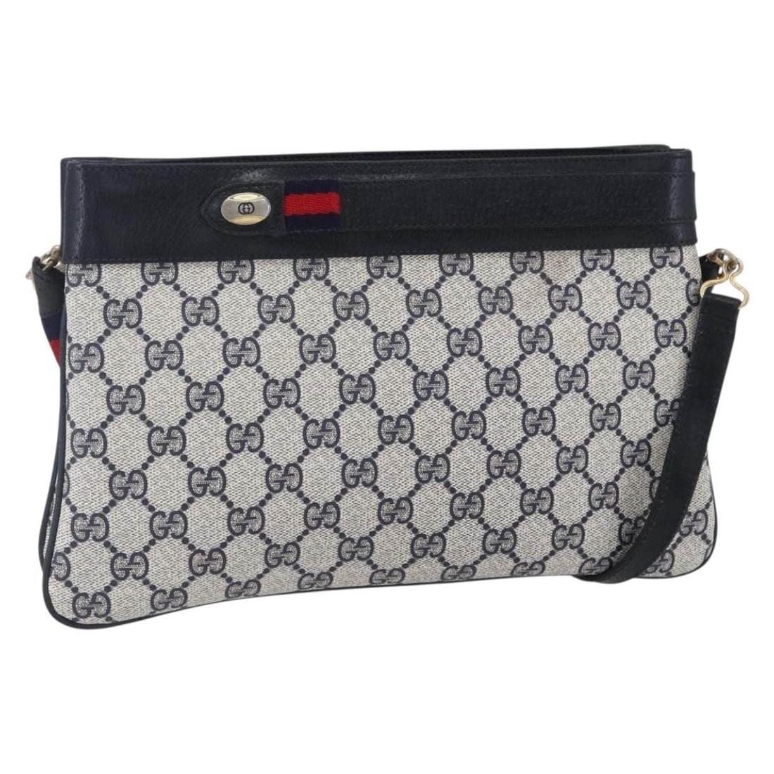 Gucci 904 02 035 GG Supreme Sherry Shoulder Bag Navy Gold PVC: Gucci 904 02 035 GG Supreme Sherry Shoulder Bag Navy Gold PVC Gucci GG Supreme Sherry Line shoulder bag in navy and gold PVC leather with GG canvas construction. Made in Italy, this women's shoulder b