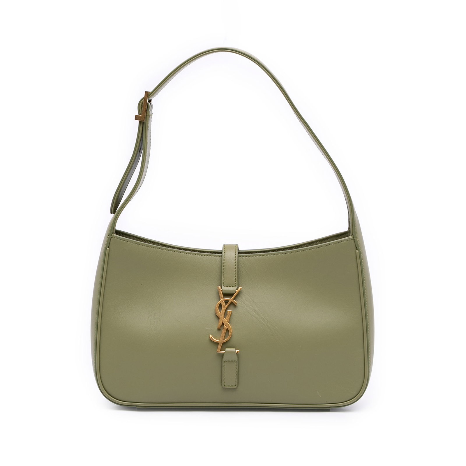 Saint Laurent Le 5 a 7 Green Smooth Calfskin Shoulder Bag: Saint Laurent Le 5 a 7 Green Smooth Calfskin Shoulder Bag This Saint Laurent Le 5 a 7 shoulder bag is crafted in smooth calfskin leather and features a flat leather shoulder strap, an open top with a 