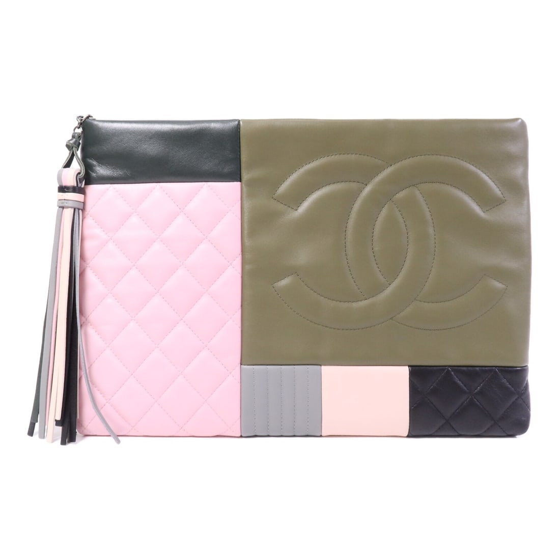 CHANEL CC Clutch Black Green Pink Calfskin Lambskin Leather: CHANEL CC Clutch Black Green Pink Calfskin Lambskin Leather CHANEL CC SHW clutch in black with green and pink accents. Crafted from calfskin and lambskin leather, this women's clutch includes a fasten