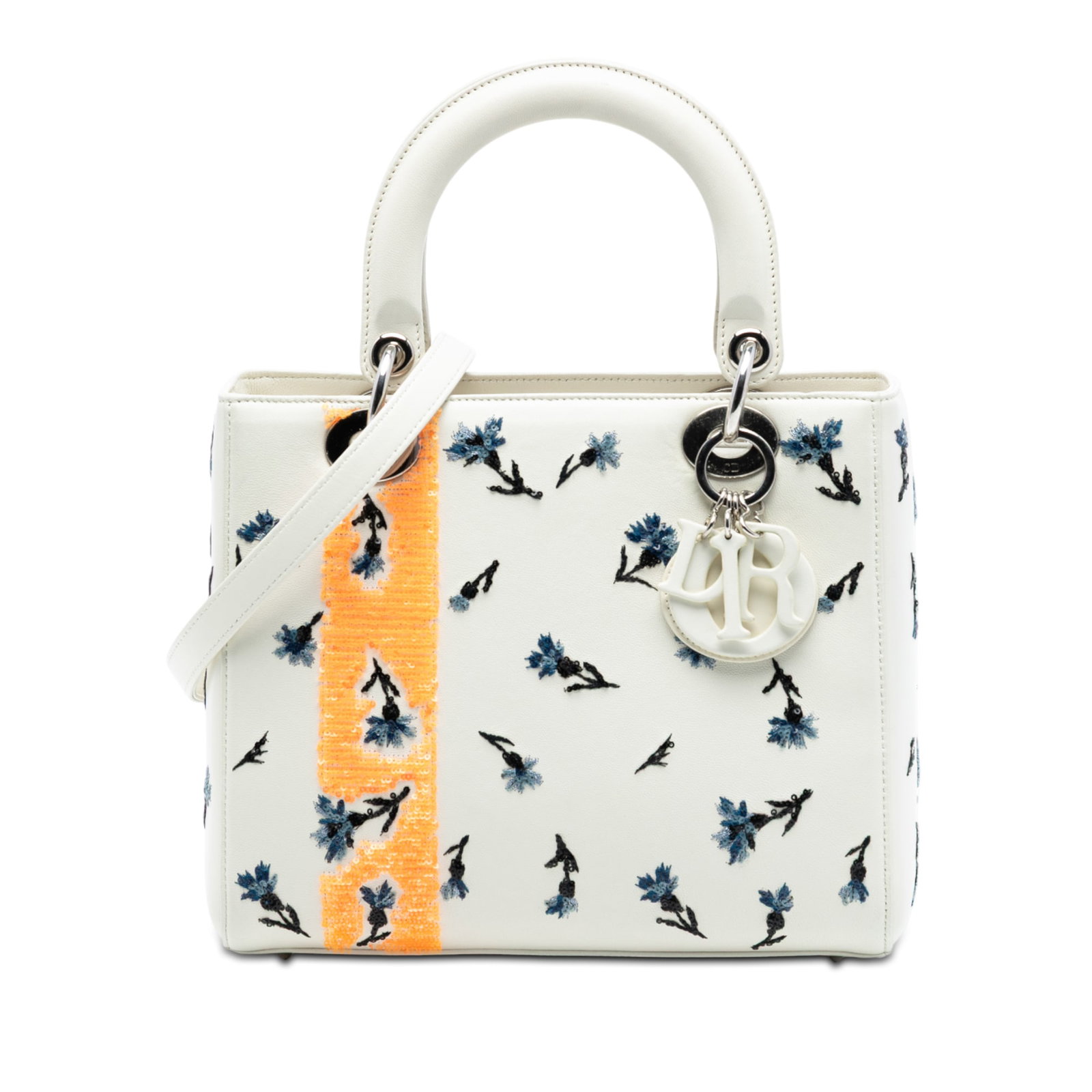 Dior Lady Dior Medium White Lambskin Bag with Floral Sequin Accents (1 of 7)
