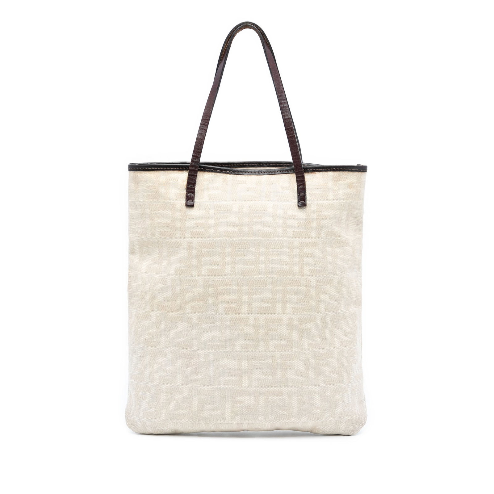 Fendi Zucca Pattern Canvas Tote Bag with Leather Trim: Fendi Zucca Pattern Canvas Tote Bag with Leather Trim This Fendi Zucca Canvas Tote showcases the iconic canvas body with leather trim and flat leather handles. It features an open top design and inclu