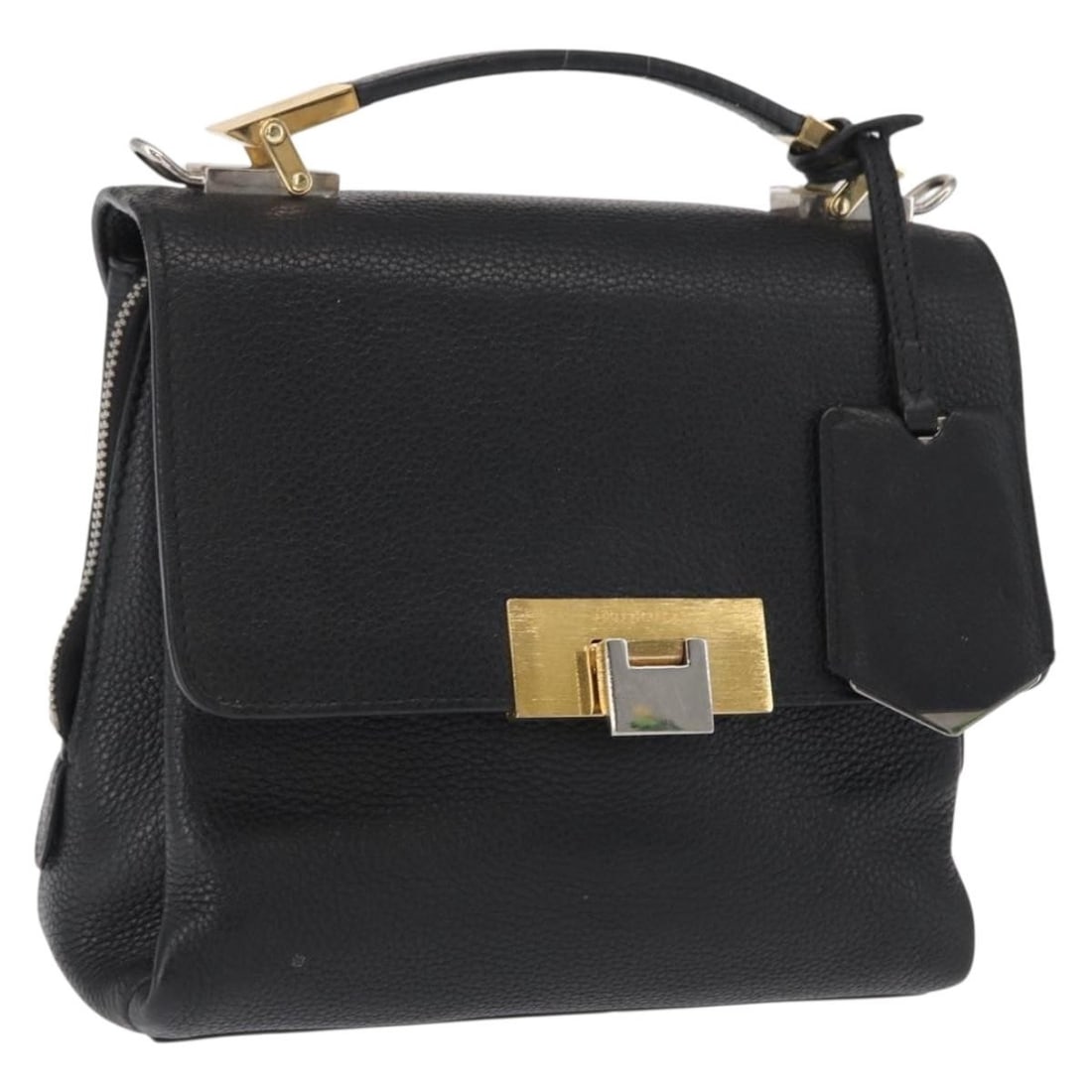 Balenciaga Rudis Black Leather Handbag With Gold Accents: Balenciaga Rudis Black Leather Handbag With Gold Accents This Balenciaga Rudis hand bag features black leather with gold-tone accents. Made in Italy, the bag has a compact design with a top handle and