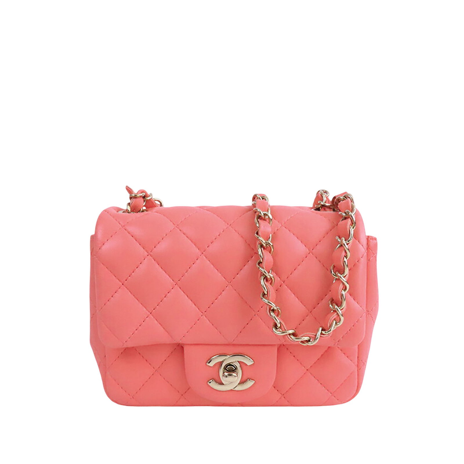 Chanel Mini Square Classic Single Flap Lambskin Shoulder Bag Pink: Chanel Mini Square Classic Single Flap Lambskin Shoulder Bag Pink Mini Square Classic Single Flap bag in pink quilted lambskin leather with a leather-woven chain shoulder strap, front turn-lock flap c