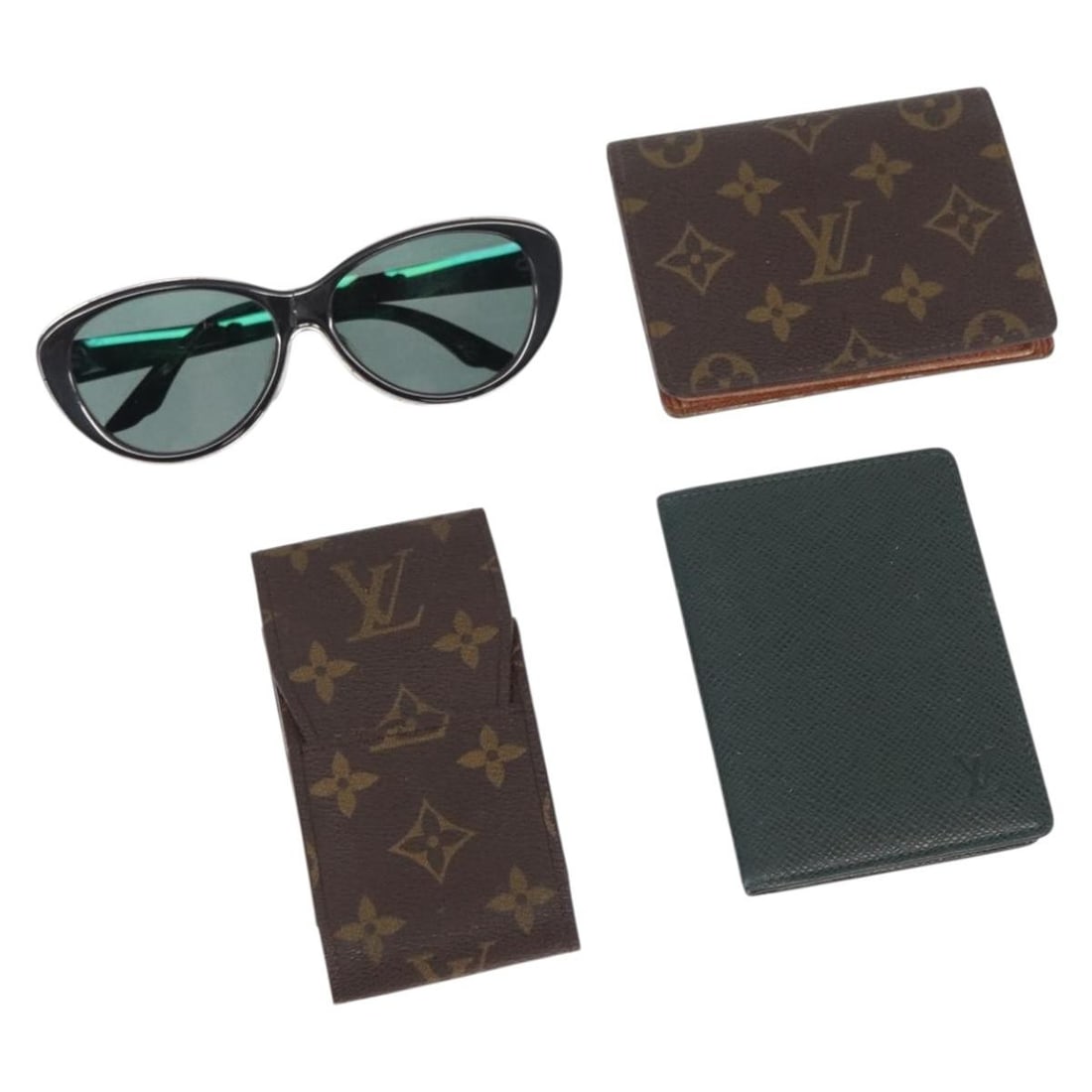 LOUIS VUITTON Christian Dior Sunglasses Wallet Leather 4 Piece Set Green Auth: LOUIS VUITTON Christian Dior Sunglasses Wallet Leather 4 Piece Set Green Auth This is a stylish set of Louis Vuitton and Christian Dior accessories, featuring a leather wallet in a chic combination of
