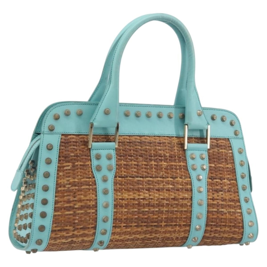FENDI Mint Green Gold Wood Hand Bag for Women: FENDI Mint Green Gold Wood Hand Bag for Women FENDI women's handbag in mint green and gold. This made-in-Italy bag is crafted from wood and includes only the item shown; box and dust bag are not inclu