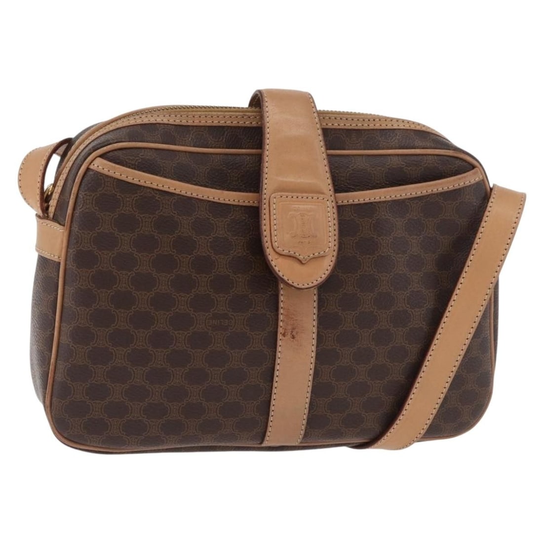 CELINE Macadam Shoulder Bag Brown PVC Leather Canvas Italy: CELINE Macadam Shoulder Bag Brown PVC Leather Canvas Italy Celine shoulder bag in brown Macadam canvas with PVC leather trim and gold-tone accents. Made in Italy, this women's bag includes the item sh