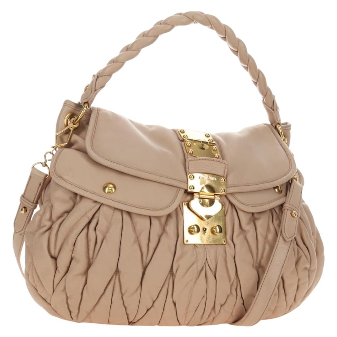 Miu Miu Matelasse Leather 2way Shoulder Bag Pink Gold: Miu Miu Matelasse Leather 2way Shoulder Bag Pink Gold Miu Miu Matelasse shoulder bag in leather with a pink and gold color combination. This 2-way bag is made in Turkey and comes with a dust bag, one 