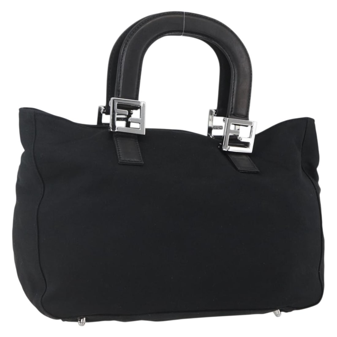FENDI Black Nylon Handbag Silver Tone Made in Italy: FENDI Black Nylon Handbag Silver Tone Made in Italy Fendi women's handbag in black nylon with silver-tone accents, made in Italy. This pre-owned bag shows heavy use, including loss of shape, rubbing, 
