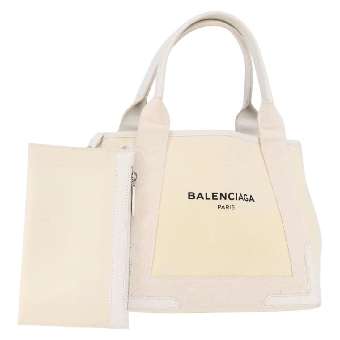 Balenciaga 339933 Navy Cabas canvas handbag with pouch ivory silver: Balenciaga 339933 Navy Cabas canvas handbag with pouch ivory silver Balenciaga Navy Cabas hand bag in ivory and silver canvas with an included pouch. Made in Italy, this women's bag is a heavily used 
