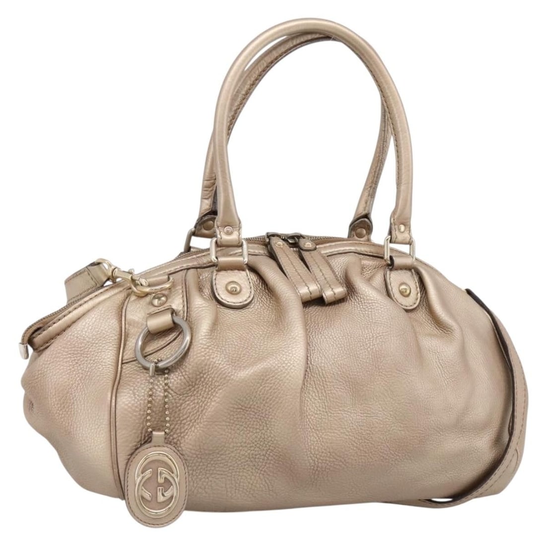 GUCCI 223974 leather 2way handbag gold with strap charm: GUCCI 223974 leather 2way handbag gold with strap charm Gucci 2-way handbag crafted in leather with a gold exterior. This women's bag includes a shoulder strap and charm, and can be carried by the han