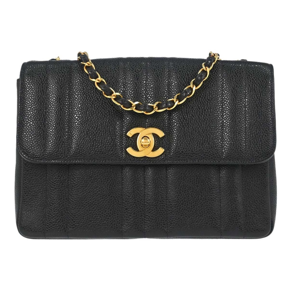 CHANEL Straight Flap Shoulder Bag Black Caviar Leather Mademoiselle: CHANEL Straight Flap Shoulder Bag Black Caviar Leather Mademoiselle A Chanel Straight Flap Mademoiselle chain shoulder bag in black caviar skin leather with gold-tone hardware and a turn lock closure.