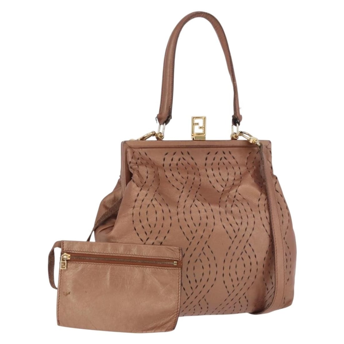Fendi 2way Leather Shoulder Bag Bronze Gold with Strap: Fendi 2way Leather Shoulder Bag Bronze Gold with Strap Authentic FENDI 2-way shoulder bag in bronze/gold leather with a detachable shoulder strap and top handle. Made in Italy, this women's bag shows 