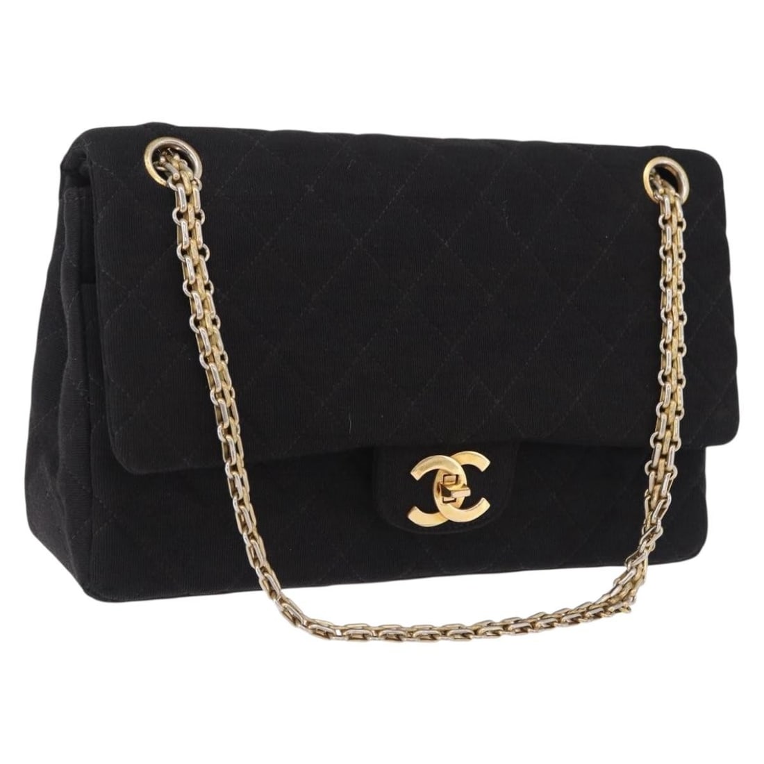 CHANEL Matelasse Cotton Shoulder Bag Black Gold Tone Double Flap: CHANEL Matelasse Cotton Shoulder Bag Black Gold Tone Double Flap Chanel Matelasse double flap chain shoulder bag in black cotton with gold-tone CC detailing. This women's shoulder bag is made in Italy