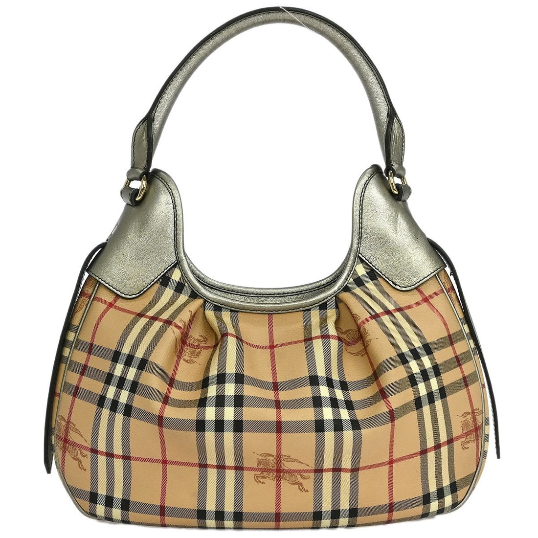 Burberry House Check Top Handle Bag Beige PVC Leather: Burberry House Check Top Handle Bag Beige PVC Leather Burberry House Check handbag in beige and gold with a top handle design. It is made from leather and PVC, features inner pockets, and was made in 