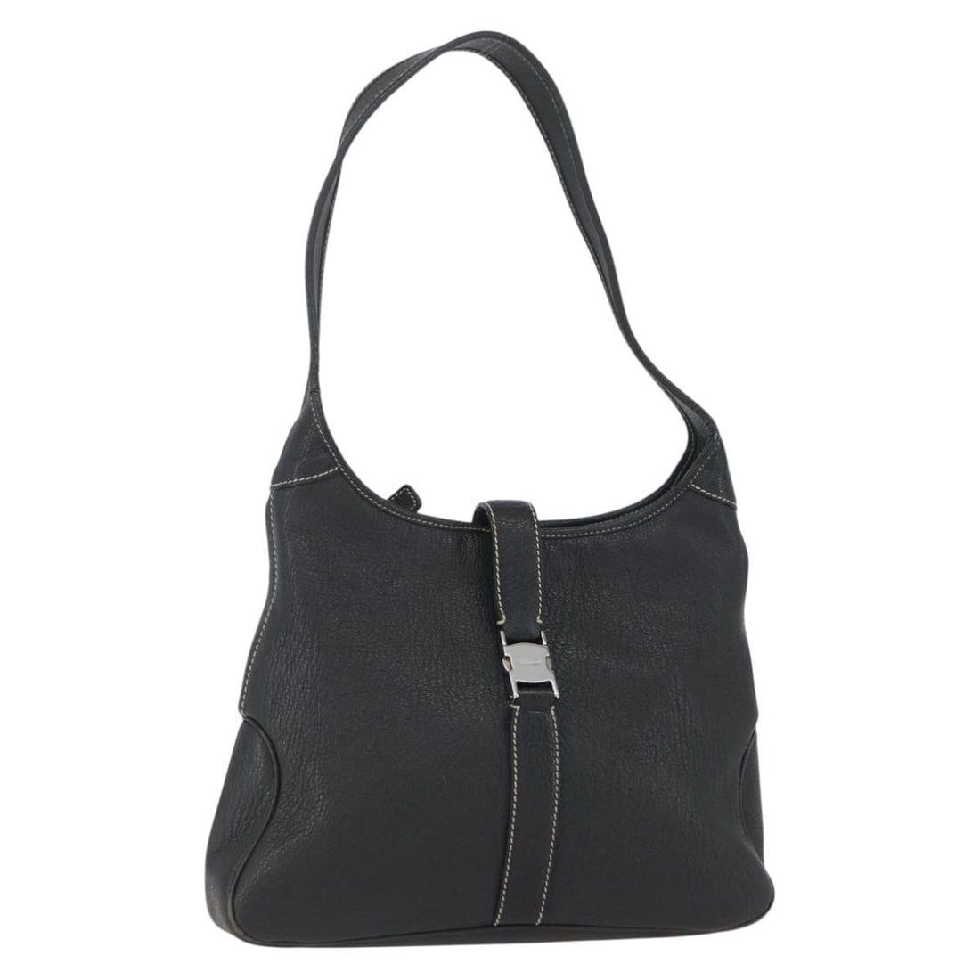 Salvatore Ferragamo Black Leather Shoulder Bag with Silver Accents Auth 151701: Salvatore Ferragamo Black Leather Shoulder Bag with Silver Accents Auth 151701 This authentic Salvatore Ferragamo shoulder bag showcases a sophisticated blend of black leather with silver accents, per