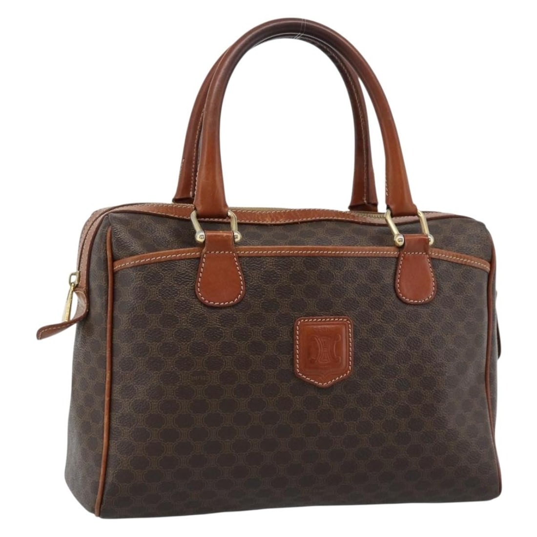 CELINE Macadam Brown PVC Leather Handbag Gold Tone Italy: CELINE Macadam Brown PVC Leather Handbag Gold Tone Italy Celine Macadam canvas hand bag crafted in PVC leather with a brown and gold colorway. Made in Italy, this women's handbag shows heavy use with 
