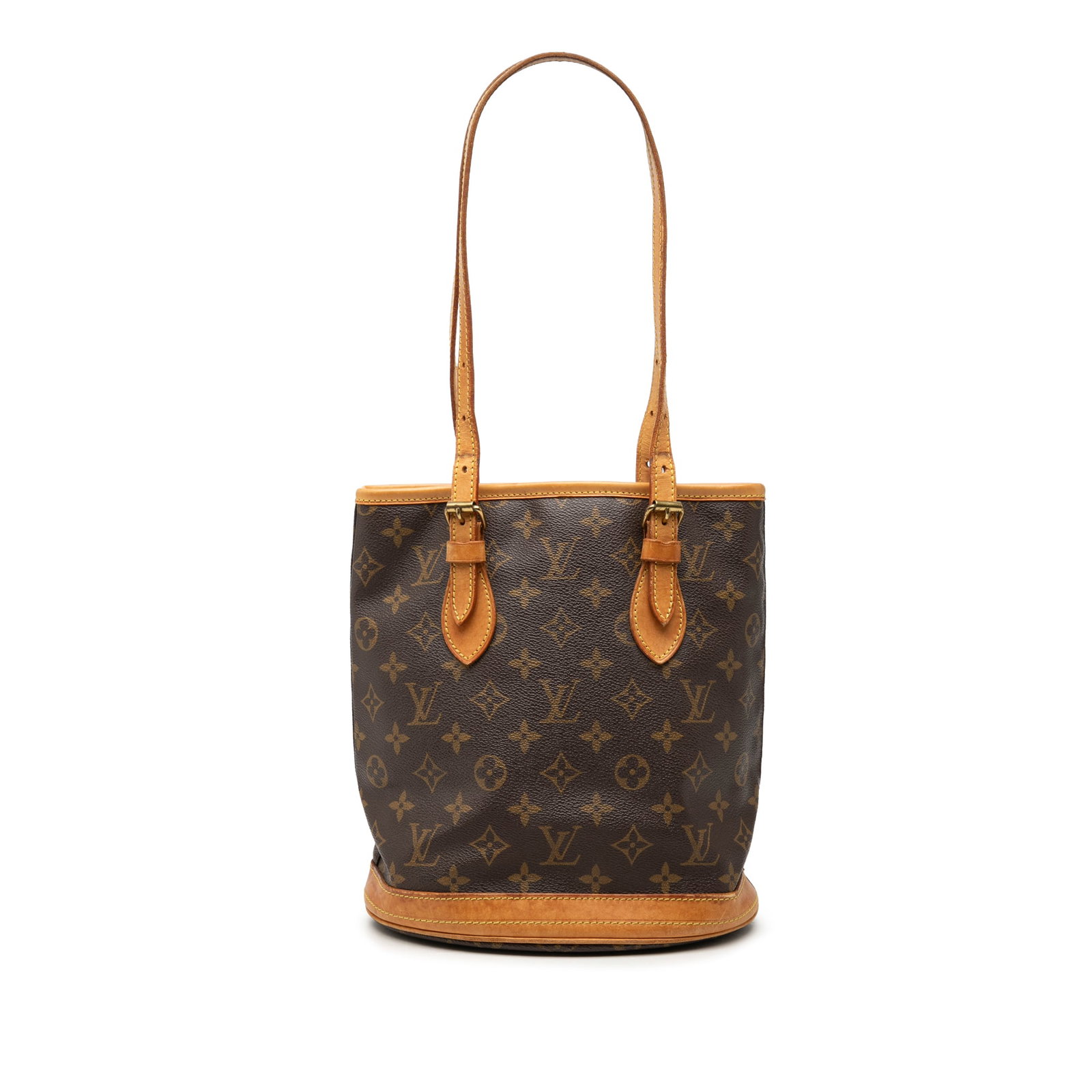Louis Vuitton Monogram Petit Bucket Shoulder Bag Brown: Louis Vuitton Monogram Petit Bucket Shoulder Bag Brown Louis Vuitton Monogram Petit Bucket bag crafted with a monogram canvas body and leather trim. It features adjustable flat leather straps, an open