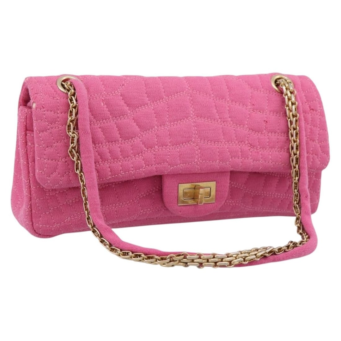 CHANEL 2.55 Pink Cotton Jersey Shoulder Bag with Guarantee Card: CHANEL 2.55 Pink Cotton Jersey Shoulder Bag with Guarantee Card Authentic CHANEL 2.55 chain shoulder bag in pink cotton jersey with gold-tone CC detailing. This women's shoulder bag includes the guara