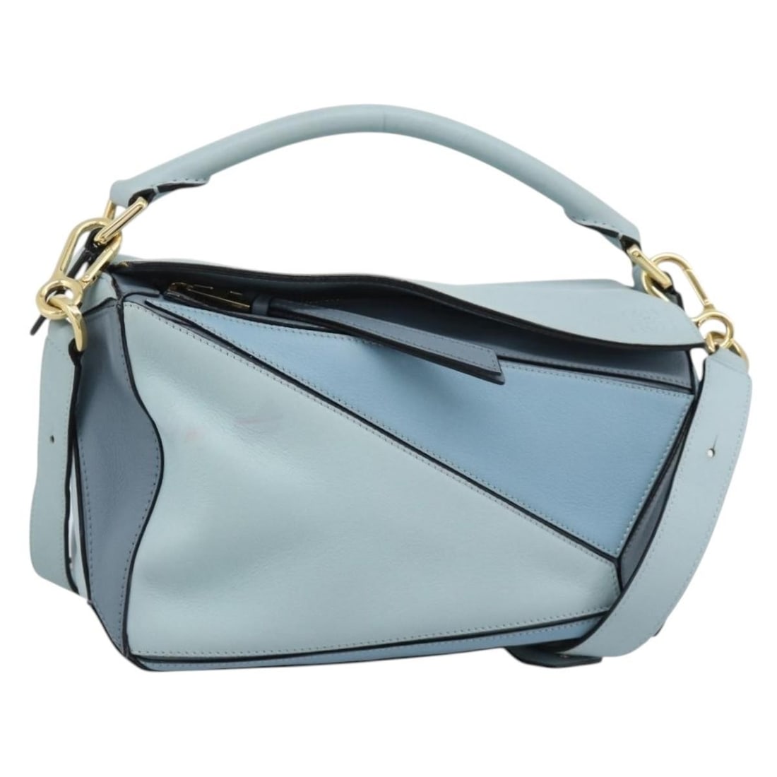 LOEWE Puzzle Small 2way Leather Handbag Light Blue Spain: LOEWE Puzzle Small 2way Leather Handbag Light Blue Spain LOEWE Puzzle small 2-way handbag in light blue leather with gold-tone accents. Made in Spain, this women's handbag includes a dust bag and shou