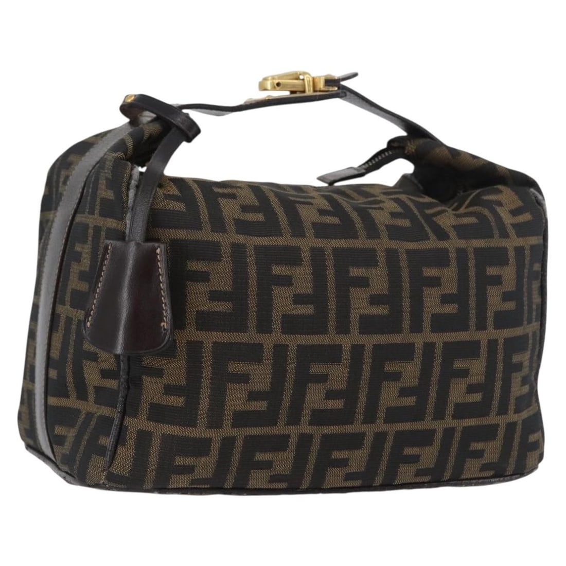 FENDI Zucca Canvas Vanity Hand Bag in Black Brown Gold: FENDI Zucca Canvas Vanity Hand Bag in Black Brown Gold Fendi vanity handbag in black and brown Zucca canvas with gold-tone accents. Made in Italy, this women's handbag includes one key and a clochette