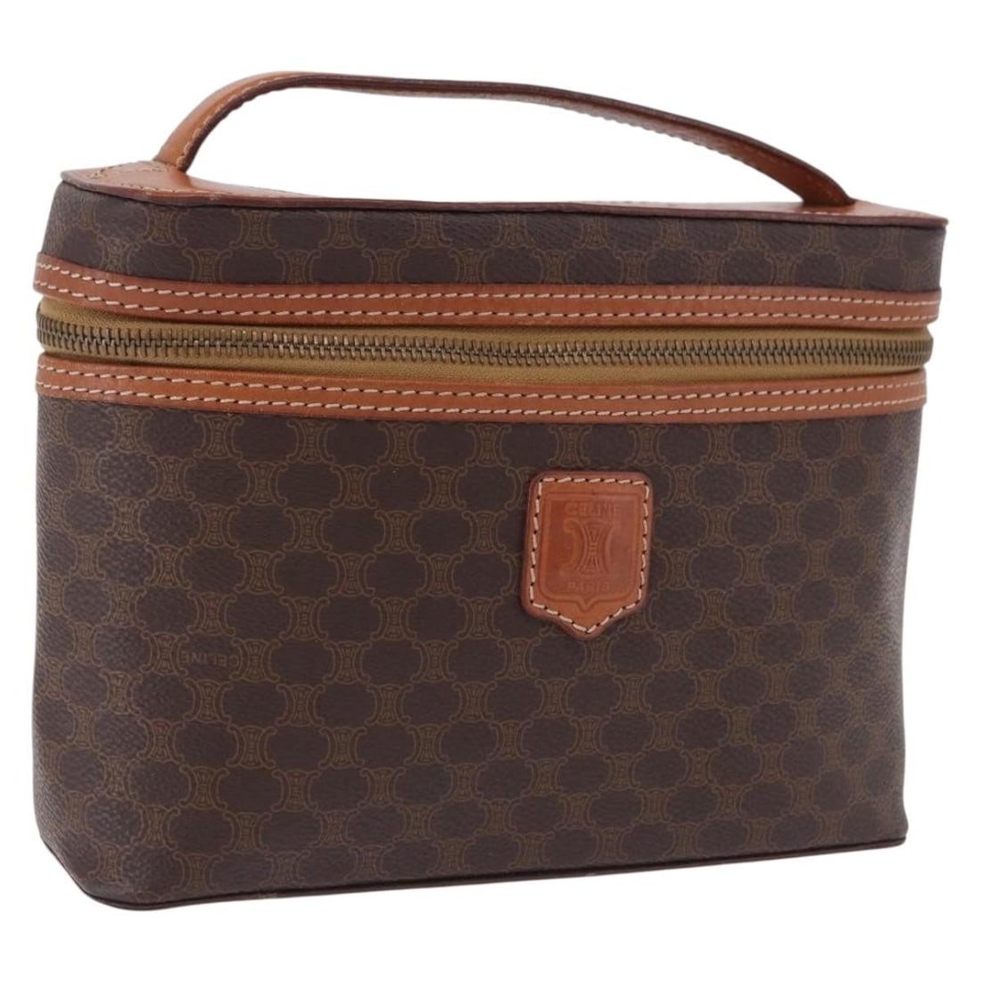 CELINE Macadam Vanity Hand Bag Brown PVC Leather Gold Tone: CELINE Macadam Vanity Hand Bag Brown PVC Leather Gold Tone Celine Macadam canvas vanity handbag in brown with gold-tone accents, crafted with PVC leather. Made in Italy, this women's handbag is offere