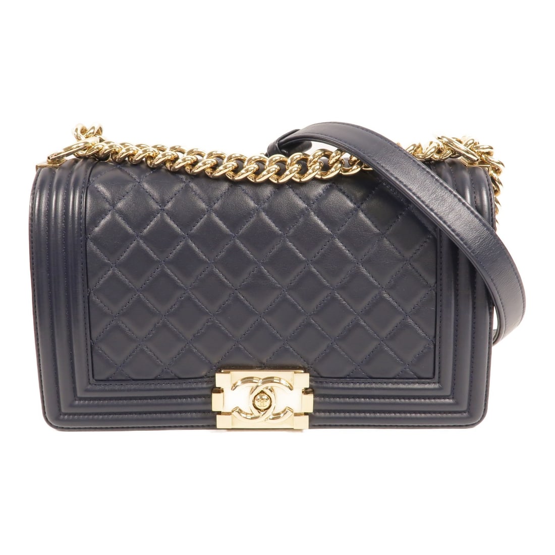 CHANEL Boy 25 Blue Calfskin Chain Shoulder Bag CC GHW: CHANEL Boy 25 Blue Calfskin Chain Shoulder Bag CC GHW A CHANEL Boy 25 chain shoulder bag in blue calfskin leather with CC hardware in gold-tone finish. It features a flap pocket and an adjustable shou