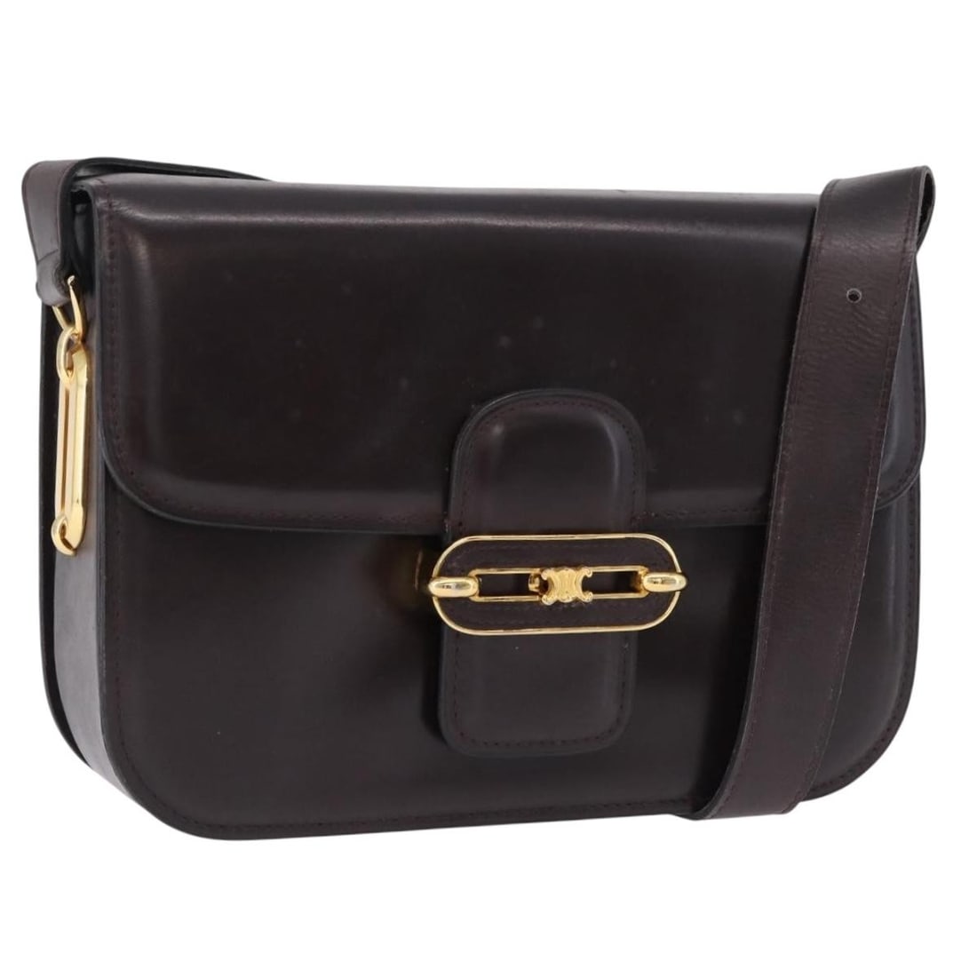 CELINE leather shoulder bag dark brown gold tone Italy: CELINE leather shoulder bag dark brown gold tone Italy Authentic CELINE shoulder bag in dark brown leather with gold-tone accents. This women's bag shows heavy use with visible rubbing, stains, mold, 
