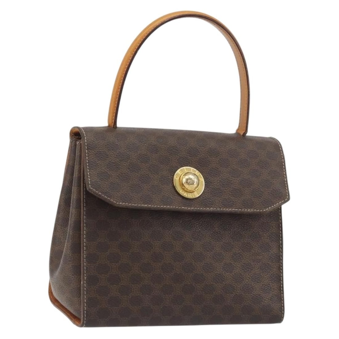 CELINE Star Ball Macadam Canvas Handbag Brown PVC Leather: CELINE Star Ball Macadam Canvas Handbag Brown PVC Leather Celine Macadam canvas star ball handbag in brown and gold-tone PVC leather. Made in Italy, this women's handbag shows heavy use with visible w