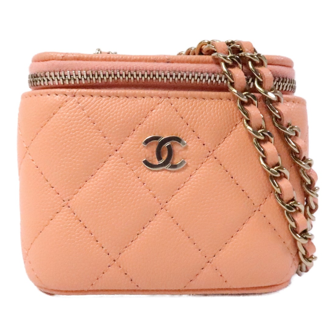 CHANEL CC Vanity Chain Shoulder Bag Orange Calfskin Gold Tone: CHANEL CC Vanity Chain Shoulder Bag Orange Calfskin Gold Tone Compact Chanel vanity-style chain shoulder bag in orange calfskin leather with the CC motif and GHW. Designed for women, this shoulder bag
