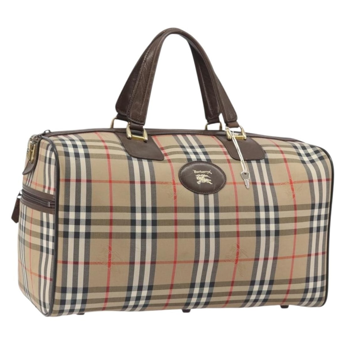 Burberrys Boston Bag in Beige Nova Check Canvas with Key: Burberrys Boston Bag in Beige Nova Check Canvas with Key Burberrys Boston bag in beige and gold canvas with a classic Nova Check design. Includes one key. Condition is heavily used, with loss of shape
