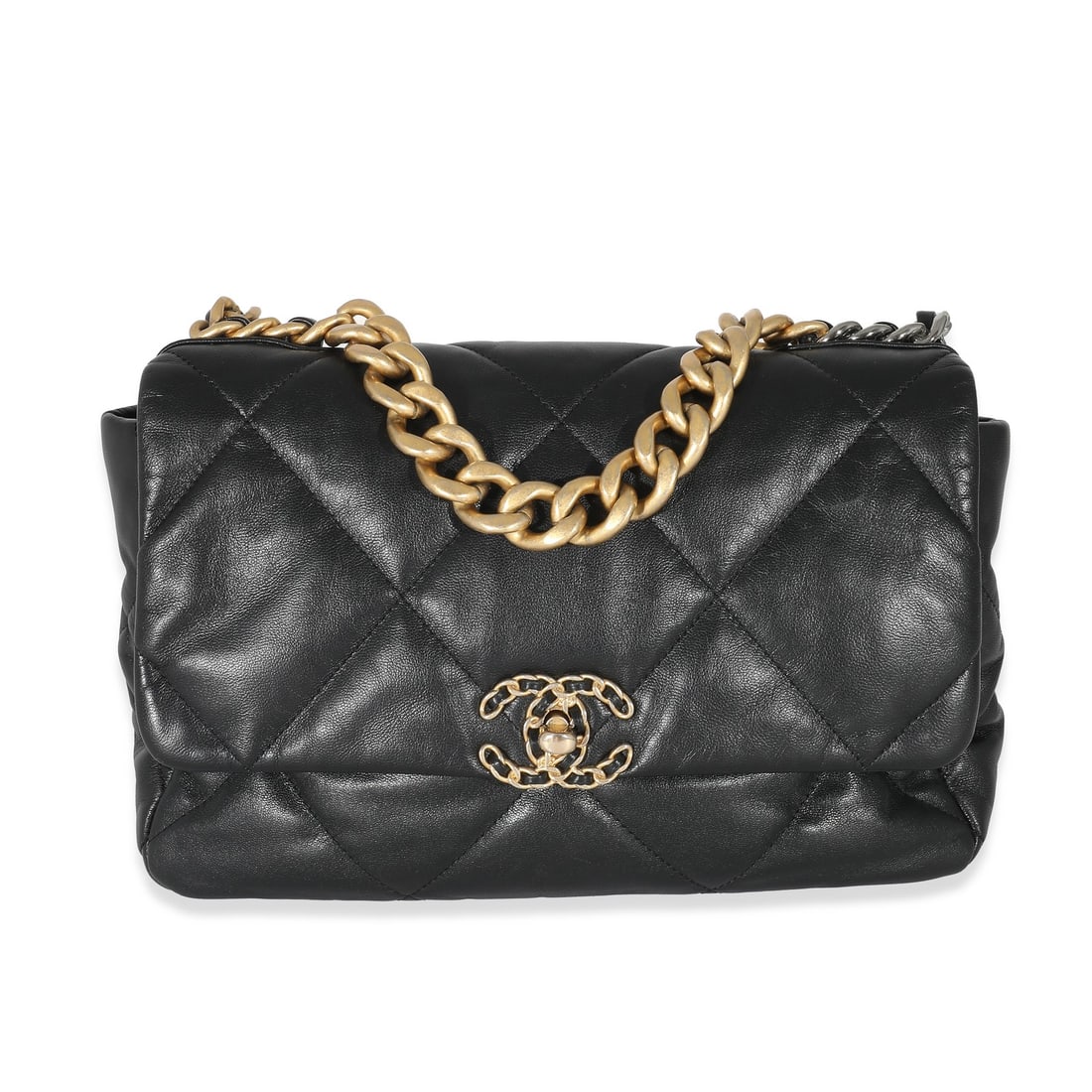 Chanel 19 Large Flap Bag Black Shiny Lambskin Leather: Chanel 19 Large Flap Bag Black Shiny Lambskin Leather Pre-owned Chanel 19 Flap Bag in black shiny lambskin with a large silhouette. This versatile unisex bag can be carried as a crossbody or shoulder 