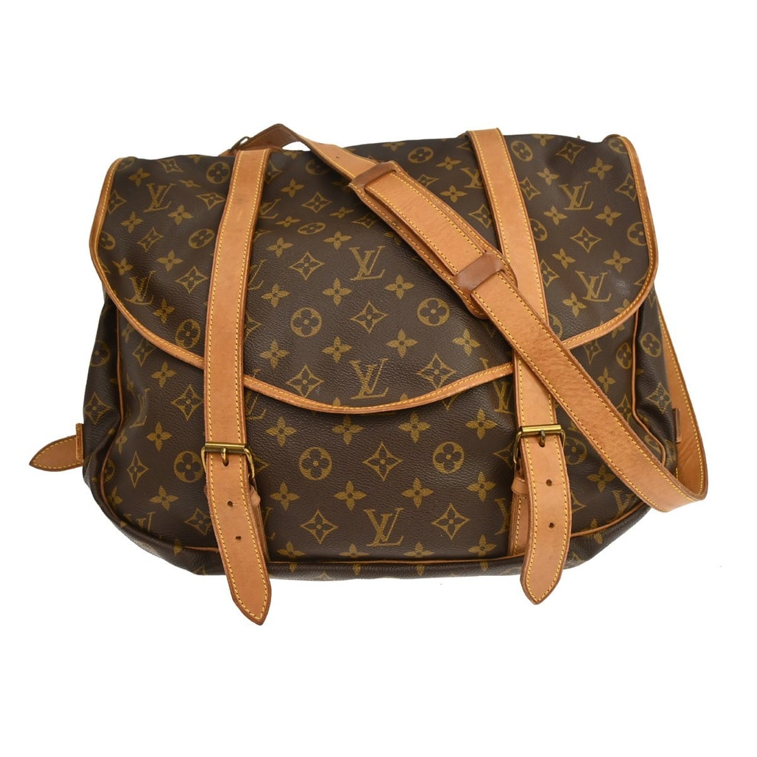 Louis Vuitton Saumur 43 Monogram Canvas Crossbody Bag M42252: Louis Vuitton Saumur 43 Monogram Canvas Crossbody Bag M42252 Vintage Louis Vuitton Monogram Saumur 43 messenger bag in brown Monogram Canvas and leather. It features a buckle closure, crossbody strap,