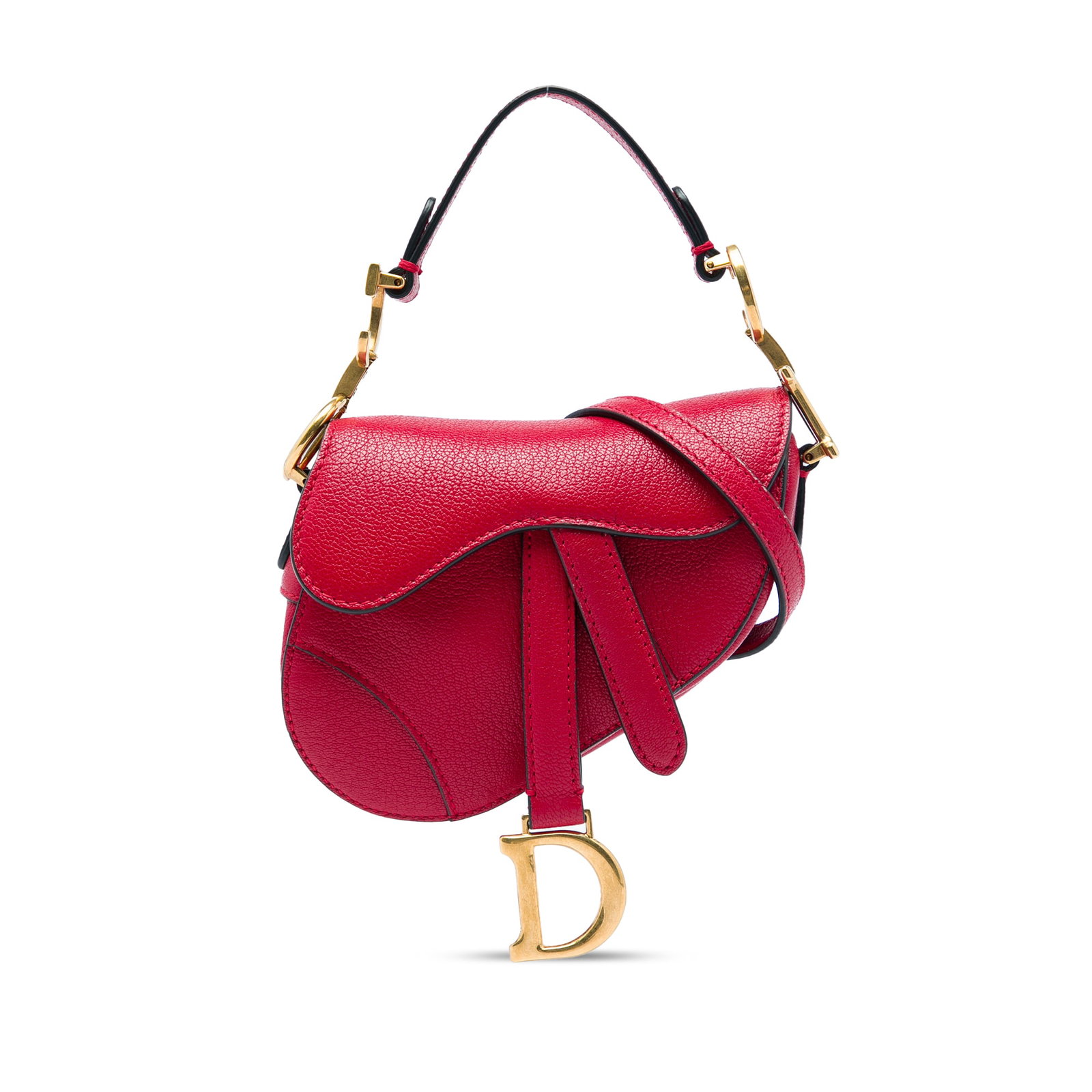 Dior Saddle Mini Bag in Red Grained Calfskin Leather: Dior Saddle Mini Bag in Red Grained Calfskin Leather Dior Mini Grained Calfskin Saddle Bag in red leather with a structured satchel silhouette. It features a flat leather handle, a detachable and adju
