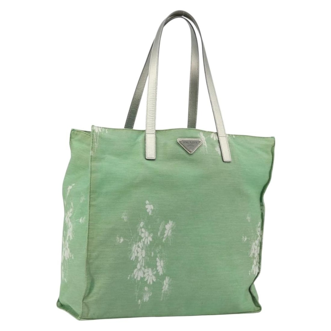 PRADA Canvas Tote Handbag Green Silver with Guarantee Card: PRADA Canvas Tote Handbag Green Silver with Guarantee Card Authentic Prada tote bag in green canvas with silver-tone accents, made in Italy. This women's tote includes the guarantee card and shows hea